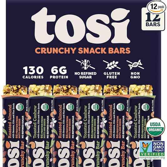 Tosi Almond and Cashew Protein Bars Combo, Plant Based with Nuts, Gluten-Free Crunchy Snacks, Vegan, Organic, Flax & Chia Seeds, Soy-Free, Omega 3s, 5G Protein, 1 oz, 12-Pack