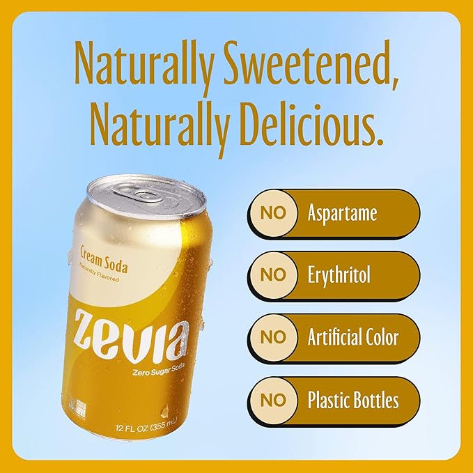 Zevia Zero Sugar Soda, Cream Soda, 12 oz Cans (24-Pack) – Naturally Sweetened, Non-GMO Project Verified, Gluten-Free, Vegan