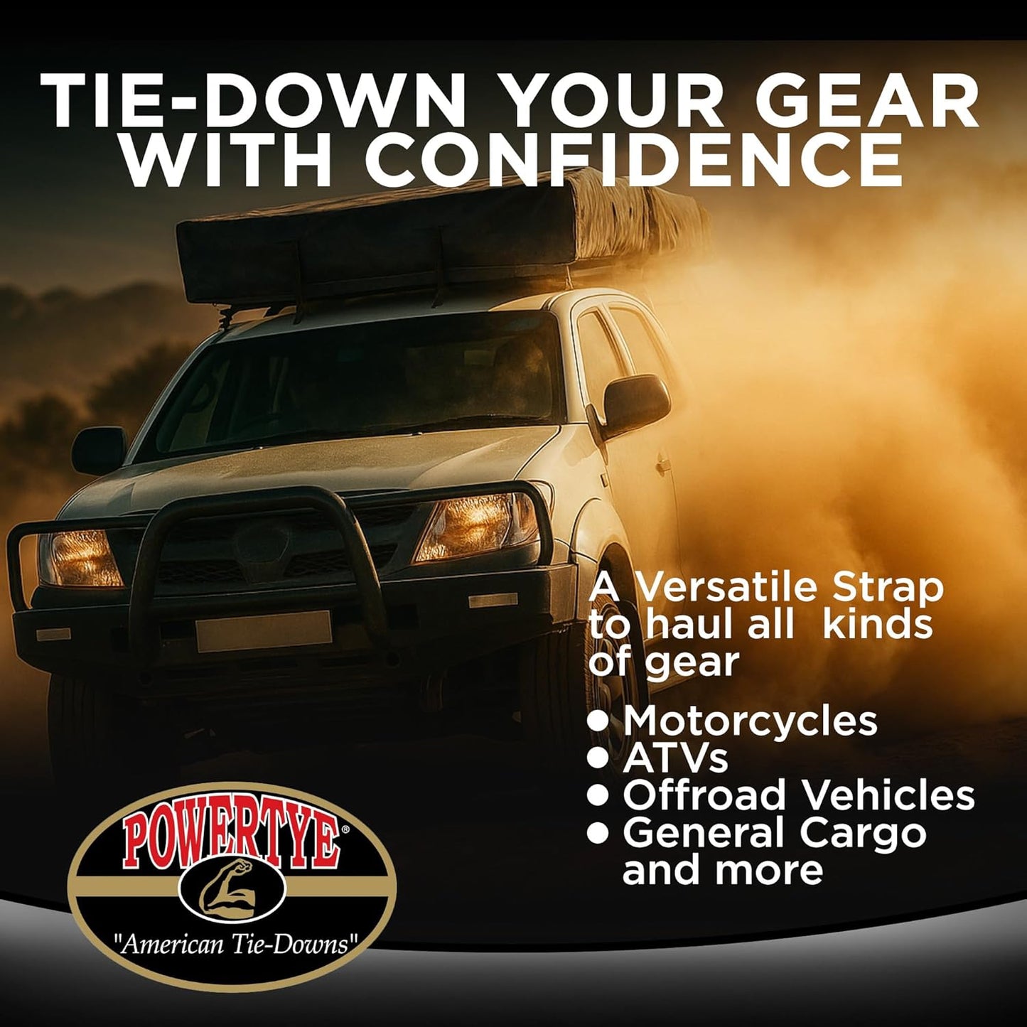 PowerTye - Made in USA - Heavy Duty Ratchet Tie Down Straps with Carabiner Hooks & Sewn-in Soft-Tye, for Motorcycle, ATV, Trailer & Cargo, 1,000 lb WLL, 1.5 inch x 6.5ft Long, Silver/Black (Pair)