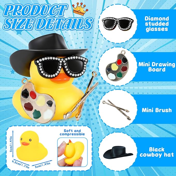 BOZILY Cowboy Hat RubberDuck - Rubber Duck Accessories with Hat, Glasses & Drawing Board, Multi-Purpose Decor for Car Dashboard and Desk, DIY Squeaky Gift for Adults, Art Lovers