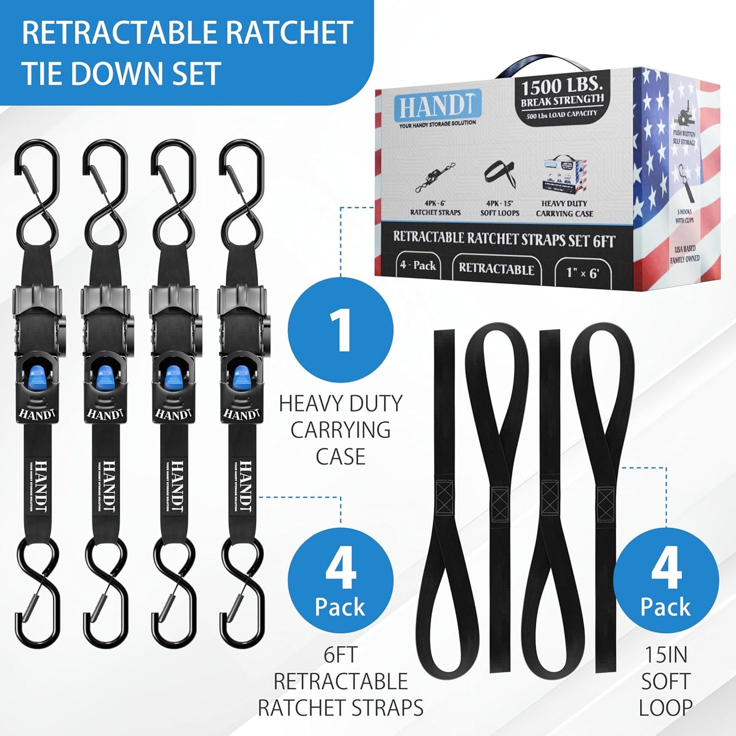 HandT USA Based Retractable Ratchet Straps (4PK) 1in x 6ft - 1,500lb Break Strength, Heavy Duty Automatic Ratchet Straps Self Retractable Tie Down, Push Button Retracting Truck Trailer Cargo | Black
