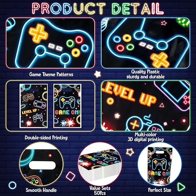 Video Game Party Favor Bags - 50Pcs Neon Video Gaming Goody Candy Treat Gifts Bags, Game on Theme Party Decorations for Kids Boys Girls Birthday Supplies