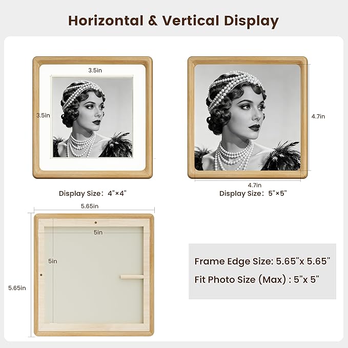 HELPLEX 5x5 Picture Frame Set of 2 - Solid Oak Wood, Adjustable Mat for 4x4 & 5x5 Photos, Shatter-Resistant Glass - Wall & Tabletop Family Gallery, Modern Minimalist Home Decor