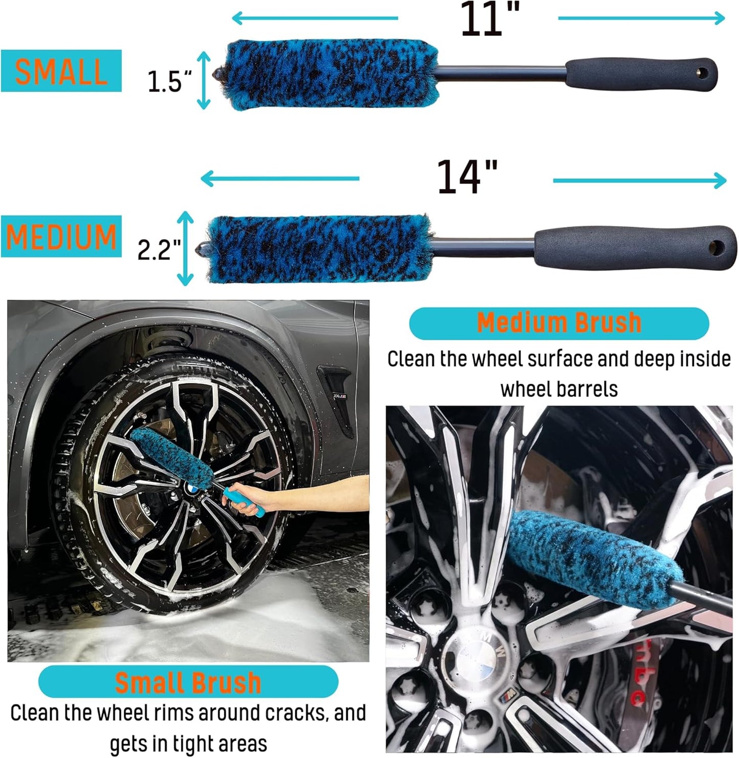 7PCS Car Wheel Rims Detail Cleaning PRO Wash Kit, Wheel Wash Mitt, Tire Brush, 2PCS Soft Woolies Wheels Brush, Detailing Brush, and Tire Dressing Pads, Microfiber Dry Towel Scratch-Free Cleaning