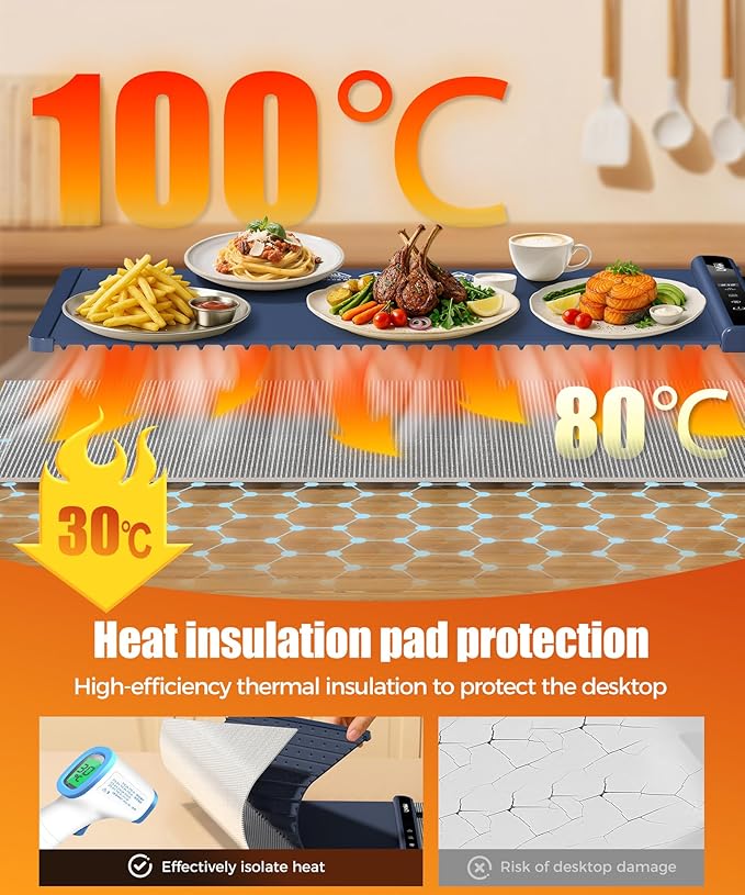 Food Warming Mat with Heat-Resistant Pad, 26X15 Inch, 6 Temperature & 6 Timer Settings, Child Lock Safety, Electric Warming Tray for Gatherings,Parties,Everyday Use