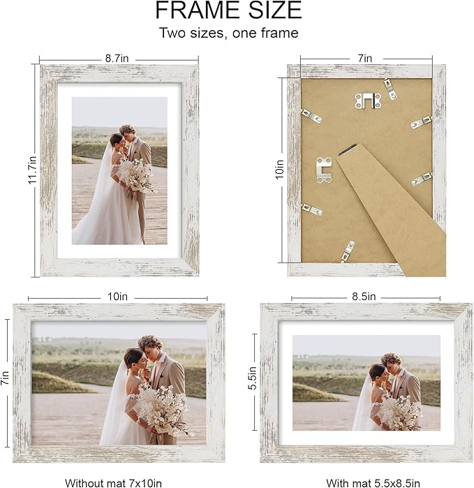 7x10 Picture Frame Set of 4, Made of Real Glass and Distressed White Frame - Display Picture 5.5x8.5 with Mat or 7x10 Without Mat, 7 by 10 Photo for Wall or Tabletop