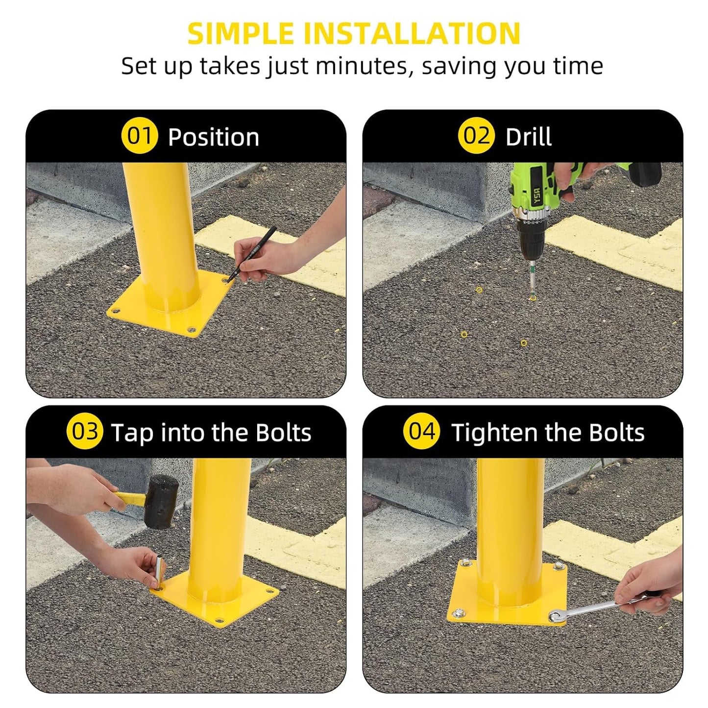 4-Pack Heavy Duty Safety Bollards, 48" Height, 4.5" Diameter Steel Pipe Bollard Post with 16 Anchor Bolts, High-Visibility Yellow Parking Bollard for Traffic Control, Warehouses, & Pedestrian Safety