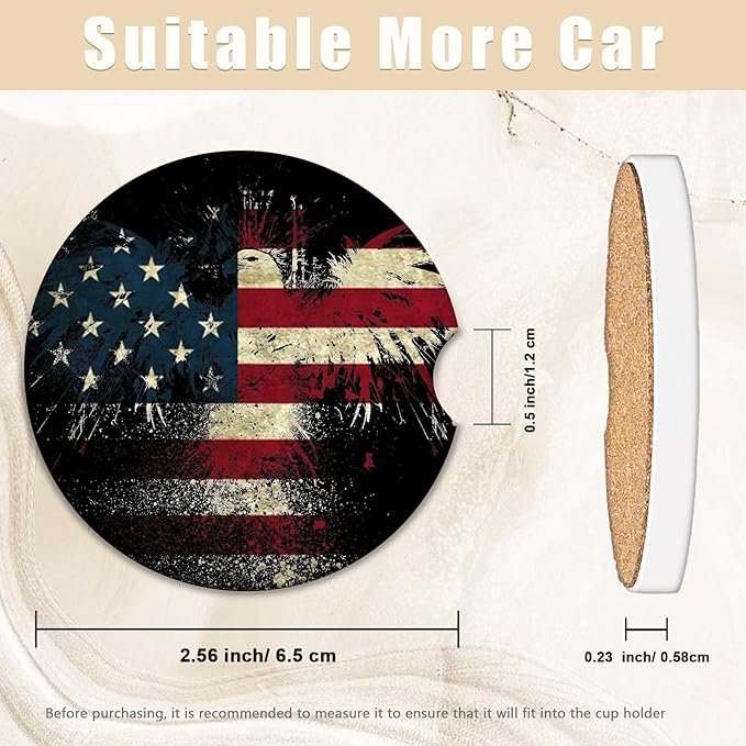 2 Pack Eagle American Flag Car Coasters for Cup Holders, USA Flag Ceramic Car Cup Holder Coaster for Car, Absorbent Car Cup Coasters with Cork Base Car Interior Accessories for Women Men
