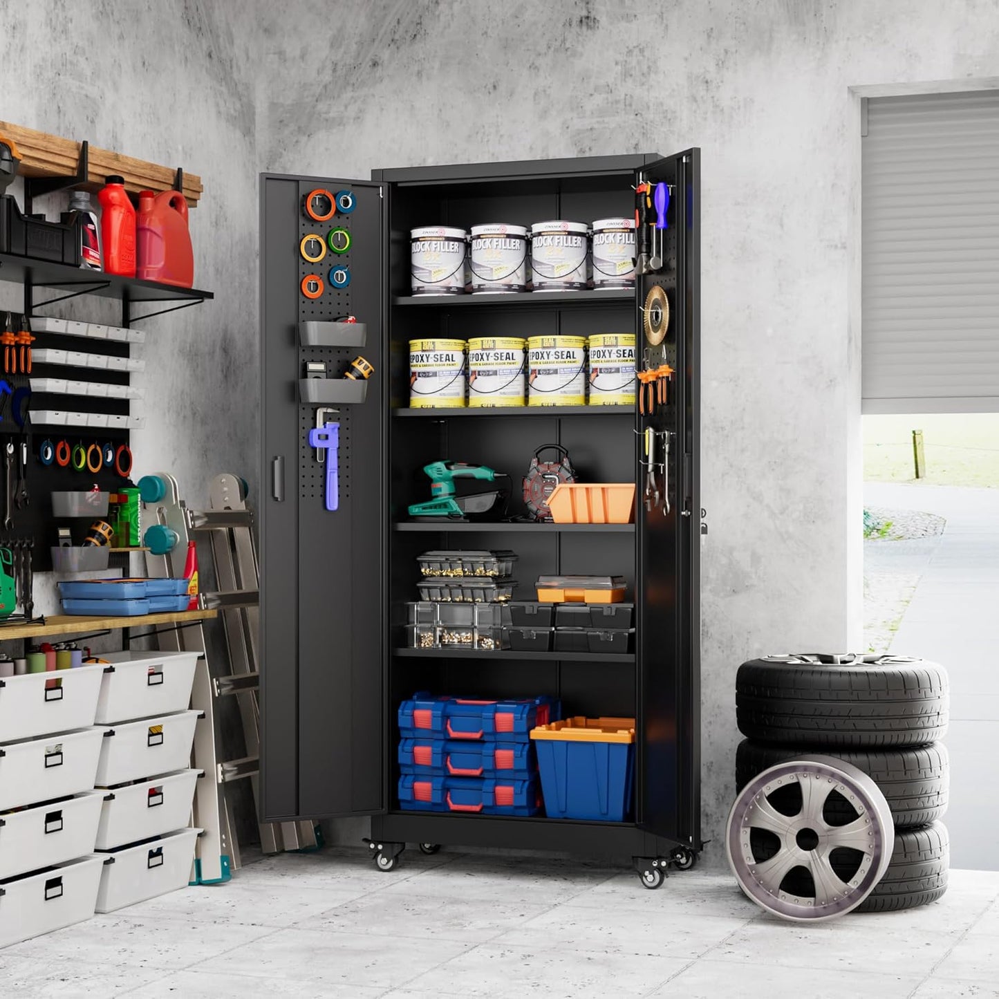 Garage Storage Cabinet with with Pegboard and Wheels,73" Metal Lockable File Cabinet with 2 Doors and 4 Adjustable Shelves,Tool Storage,Home Office Garage,Gym,School (Black)
