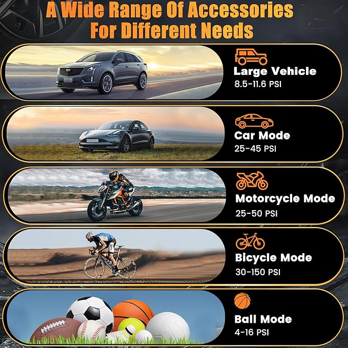 Tire Inflator Portable Air Compressor-Air Pump 150PSI Cordless Electric for Car, Motorcycle, Bike, Ball, with Tire Gauge Pressure, Dual-Use Type (Orange)
