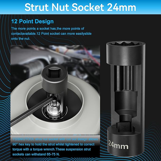 Suspension Socket Tool - 18mm, 19mm, 21mm, 22mm, 24mm Strut Nut Sizes, 12 Point 1/2" Drive, Easy Strut Nut Removal, Vm Number 3353