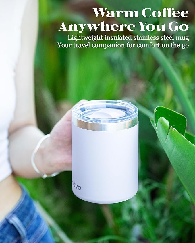 12oz Insulated Coffee Mug with Lid – Includes Two Lids, Stainless Steel Coffee Travel Mug with Handle, Double Wall Vacuum Insulated Camping Mug for Home, Office & Outdoor, White