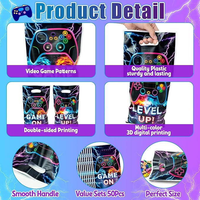 Video Game Party Favor Bags - 50Pcs Video Gaming Sweet Goody Candy Treat Gifts Bags, Game on Themed Party Decorations for Kids Gamers Players Birthday Gaming Events Supplies