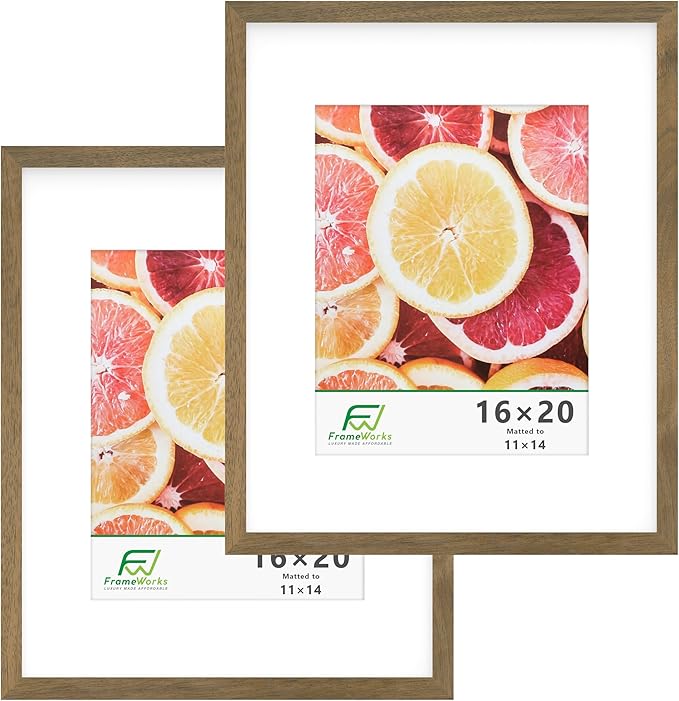 FrameWorks 2-Pack, 16x20 Matted to 11x14 Picture Frame, Dark Oak ??Classic Wooden Photo Frame with Tempered Glass, Modern Matte Finish for Prints, Posters, Certificates & Wall Decor ??Gallery-Ready