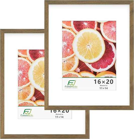 FrameWorks 2-Pack, 16x20 Matted to 11x14 Picture Frame, Dark Oak ??Classic Wooden Photo Frame with Tempered Glass, Modern Matte Finish for Prints, Posters, Certificates & Wall Decor ??Gallery-Ready