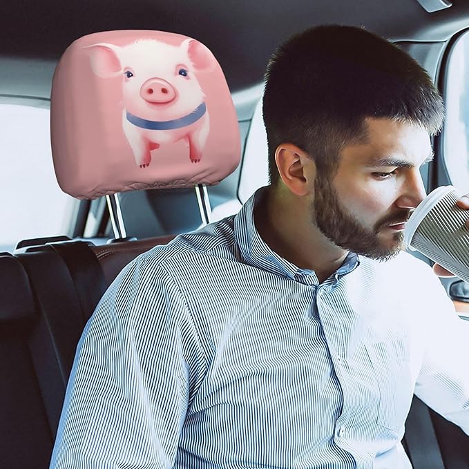 Dujiea 2 Pack Pink Pig Watercolor Car Headrest Covers, Universal Soft Car Seat Head Rest Cover Protector, Vehicle Accessories Fabric Headrest Cover for Cars Vans Trucks