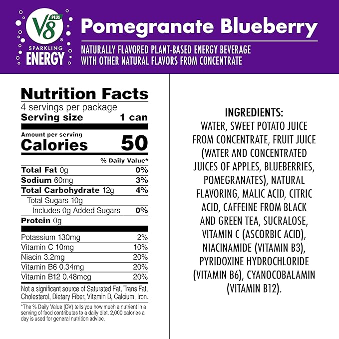 V8 +Energy Sparkling Pomegranate Blueberry Juice Energy Drink, 11.5 fl oz Can (4 Pack)