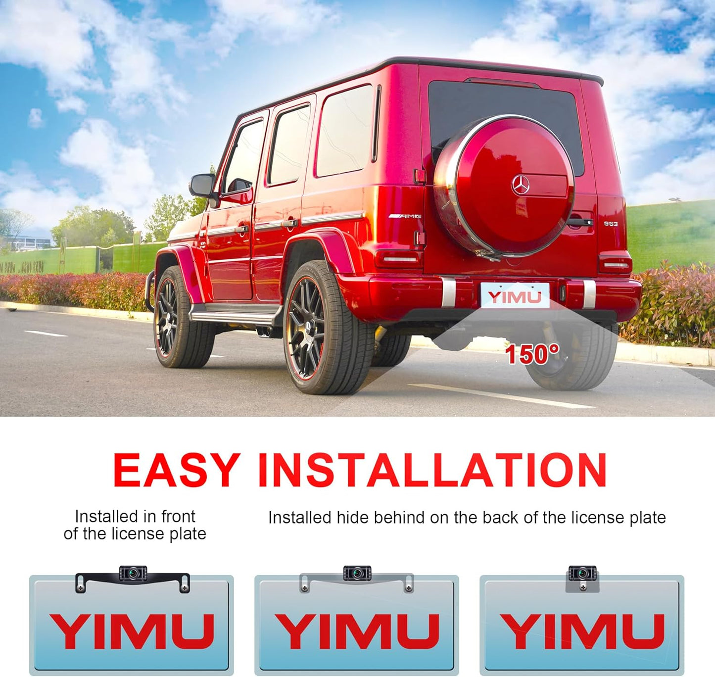 YIMU Backup Camera System with License Plate Backup Reverse Camera, Easy Installation, Plug & Play, DIY Guide Lines, 150° Wide Angle, Night Vision, IP69K Waterproof, Optional Dual Bracket K4302