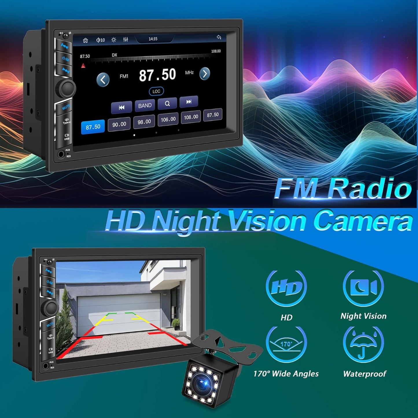 7 in Double DIN Car Stereo Radio with Wireless Apple CarPlay, Car Audio Receivers with Android Auto, 7" IPS Touchscreen, Car Stereo with Bluetooth, HD Backup Camera, FM Receiver, GPS,180W Audio Output