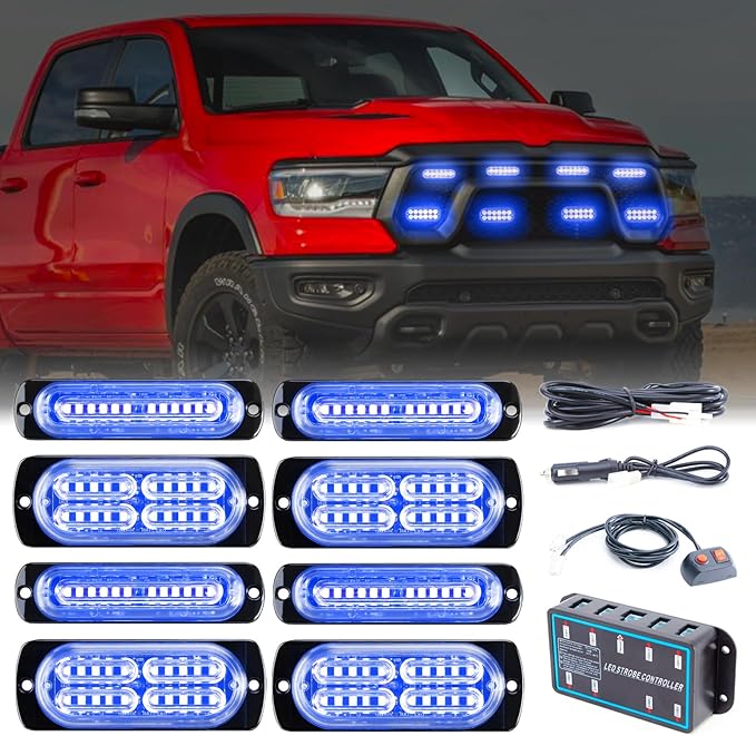8pcs Sync Feature Emergency Strobe Grille Lights LED Ultra Slim Surface Mount Flashing Hazard Warning Light Bar with Controller for Firefighter/Construction/Trucks/Vehicles/Car (Blue)
