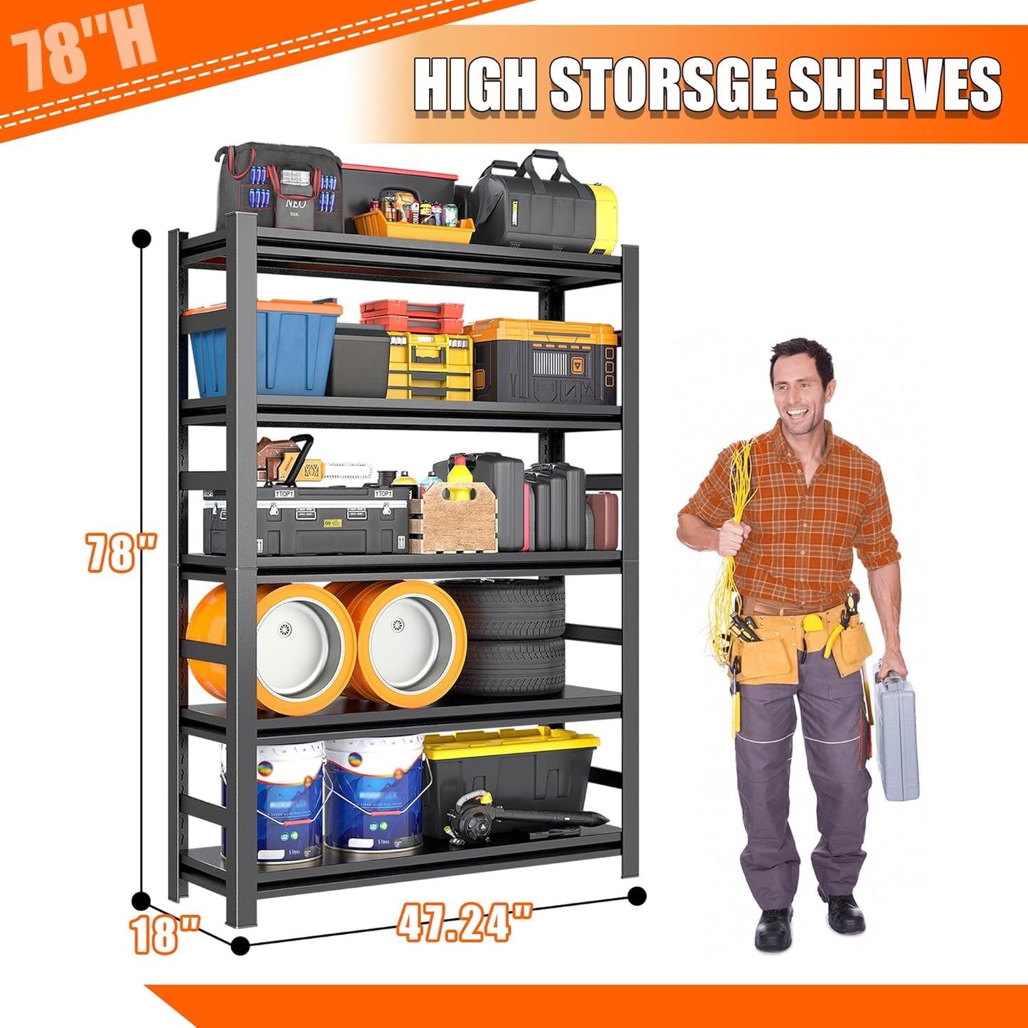 78"H Garage Storage Shelves Heavy Duty Garage Shelving, 4500 LBS Capacity 5 Tier Adjustable Metal Utility Shelves Industrial Shelving Units for Basement and Warehouse, 78"H×47.24"W×18"D, Black