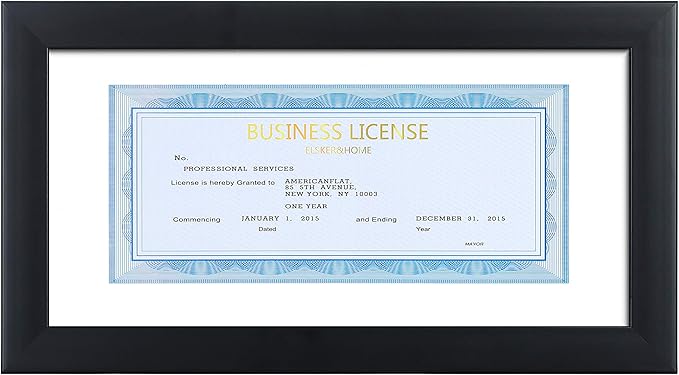 ELSKER&HOME 5x10 Business License Frame Black for 3.5x8 Standard Business License with mat - 5x10 frame without mat for Panoramic Picture, Wall or Tabletop Display (1 Pack)
