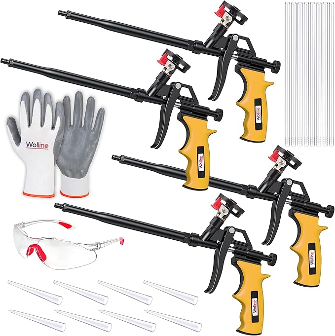4 Pack Professional Spray Foam Insulation Gun (4 Foam Gun + 16 Nozzle), Teflon-Coated Expanding Foam Gun, Foam Dispensing Gun, for Caulking, Insulating Foam Applicator Yellow - 4 Pack