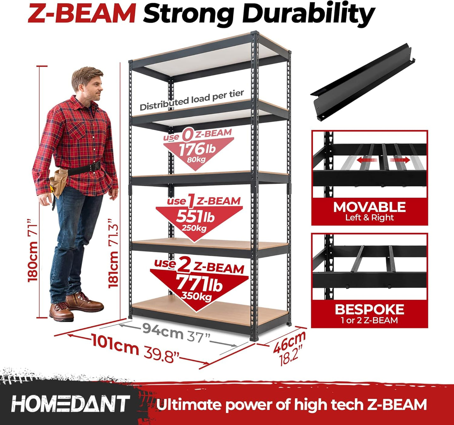 HOMEDANT 5-Tier Laminated Boltless Heavy Duty Metal Shelving Unit Adjustable Garage Storage Utility Rack Shelves Organization Shelf Warehouse Industrial 39.8" W x 18.2" D x 71.3" H 10Pack
