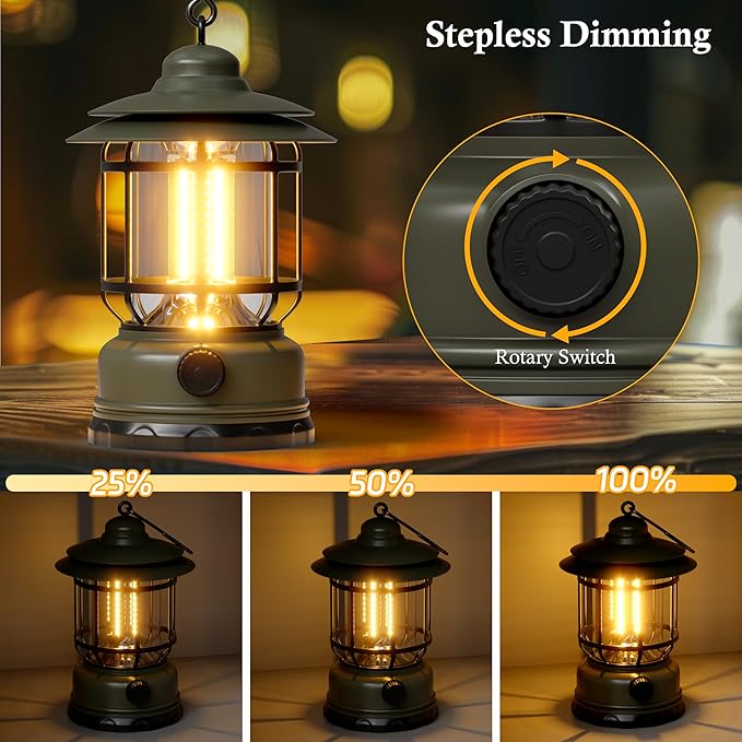 Portable LED Camping Lanterns,1500LM Step-less Dimming, Lightweight Retro Battery Powered USB Rechargeable Tent Lights,Survival Kits Flashlight for Power Outage Emergency Hiking Hurricane 3 Pack Green