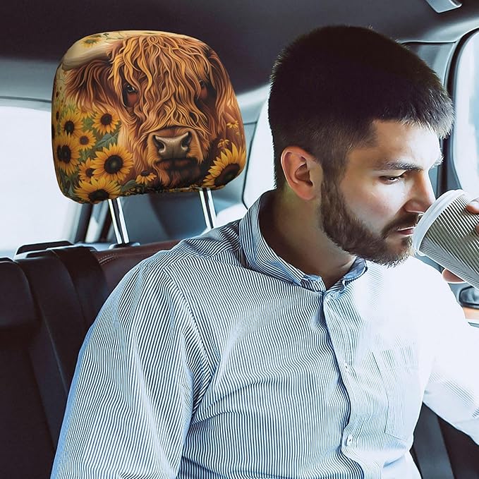 Dujiea 2 Pack Highland Cow Sunflowers Car Headrest Covers, Universal Soft Car Seat Head Rest Cover Protector, Vehicle Accessories Fabric Headrest Cover for Cars Vans Trucks