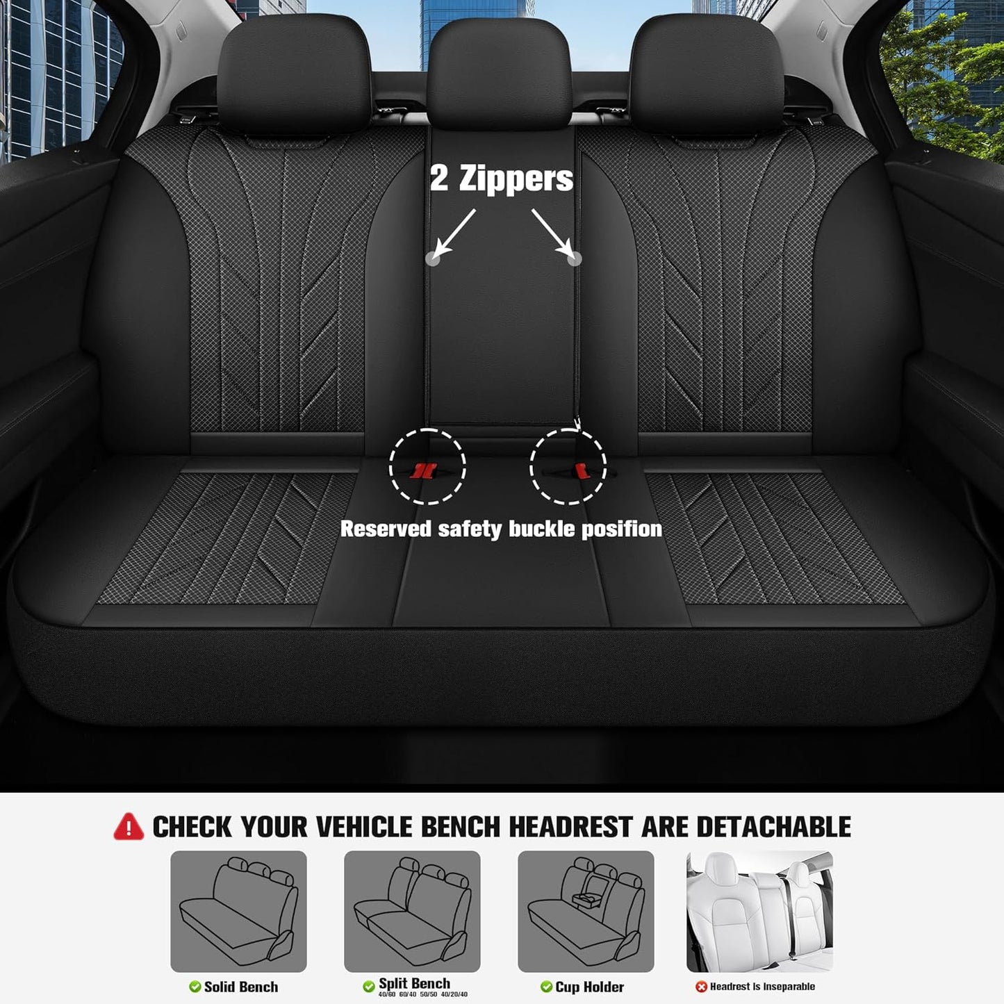 CAROMOP Luxury Faux Leather&Fabric Car Seat Covers Full Set with Breathable 3D Foam Back Support,Universal Comfortable Seat Covers for Cars,Trucks,SUVs, Front Armrests Compatible(5-Seat Black)