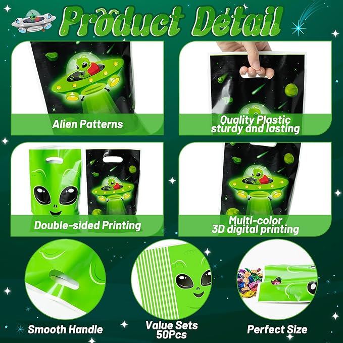 Alien Party Favor Bags - 50Pcs Fun Alien Party Gift Bags, Green Alien Goody Candy Treat Bags, Space Theme Party Decorations Plastic Birthday Snack Bag for Kids Birthday Alien Themed Party