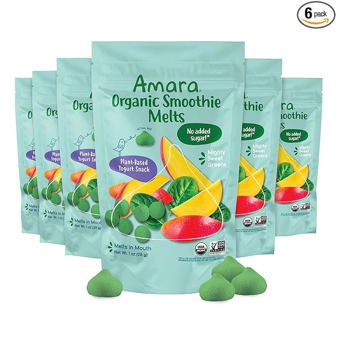 Amara Smoothie Melts - Mighty Sweet Greens - Baby Snacks Made With Fruits and Vegetables - Healthy Toddler Snacks For Your Kids Lunch Box - Organic Plant Based Yogurt Melts - 6 Resealable Bags
