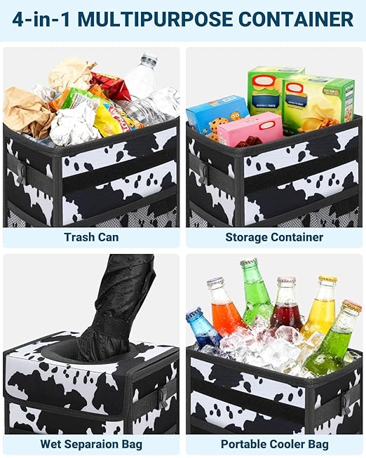 Capolo Car Trash Can with Lid, Leakproof Car Trash Bag Hanging Waterproof Automotive Garbage Can with Storage Pockets Mini Vehicle Trash Bin for Back/Front Seat(Cow Print,2.5 Gallon)