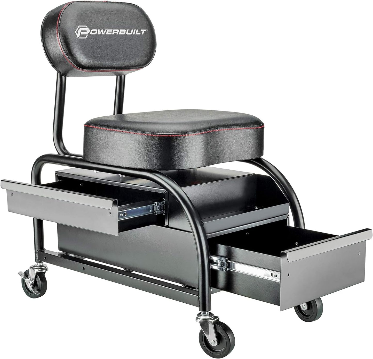Powerbuilt Professional Car Detailers Mechanics Roller Seat, Heavy Duty Garage Stool with Thick Padded Seat and Backrest, 2 Sliding Storage Drawers, Tool Tray, Can Holders, 3in. Swivel Casters–240299