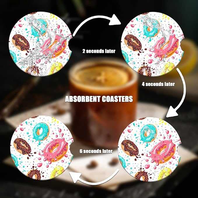 Car Cup Holder Coaster - Sweet Donuts Absorbent Ceramic Coaster 2 Pack, Car Coasters for Cup Holders, Fashion Car Interior Accessories Drink Coaster for Women & Men
