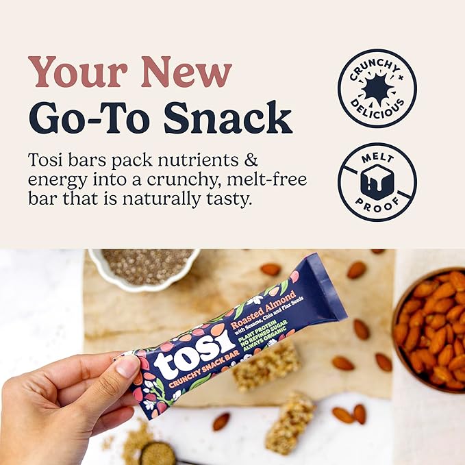 Tosi Almond Variety Pack Protein Bars, Plant Based with Nuts, Gluten-Free Crunchy Snacks, Vegan, Organic, Flax & Chia Seeds, Soy-Free, Omega 3s, 5G Protein, 1 oz, 12-Pack