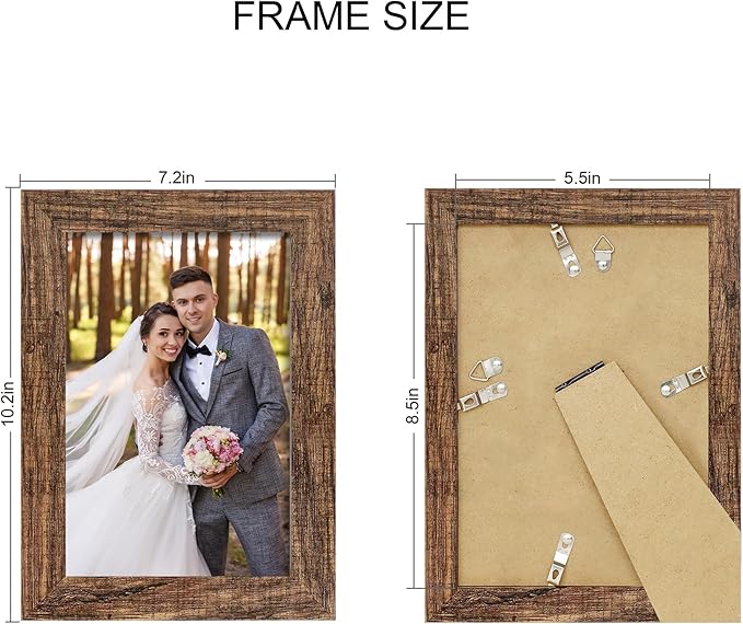 5.5x8.5 Picture Frame Set of 4, Made of Real Glass and Rustic Brown Frame, 5.5 by 8.5 Photo for Wall or Tabletop