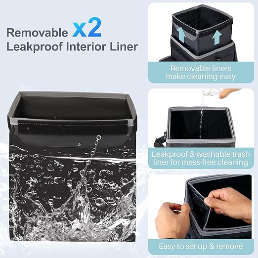 Car Trash Can for Back Seat Car Accessories Interior Car Garbage Can Car Trash Bin for Cars SUV with 2 Removable Leakproof Interior Liner, Adjustable Car Tissue Holder,2 Gallons(Black)