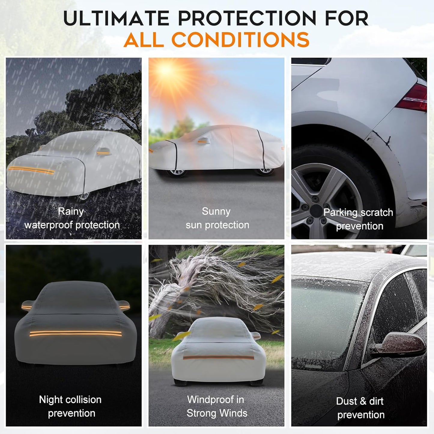 Waterproof Car Cover for Hatchback: 6-Layer All-Weather Protection from Rain, Snow, UV & Dust - Universal Fit for Hatchbacks up to 165 inches with Zipper Door & Windproof Straps, Silver