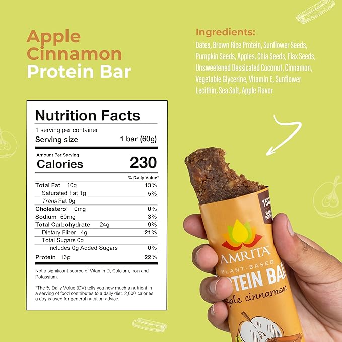 Amrita Nut Free Vegan Protein Bars (12 CT PK of 3) | Apple Cinnamon 15g Plant-Based Protein Bar, Peanut-Free, Gluten Free, and Dairy-Free, No Added Sugar, High Fiber, Healthy Snacks for Kids/Adults