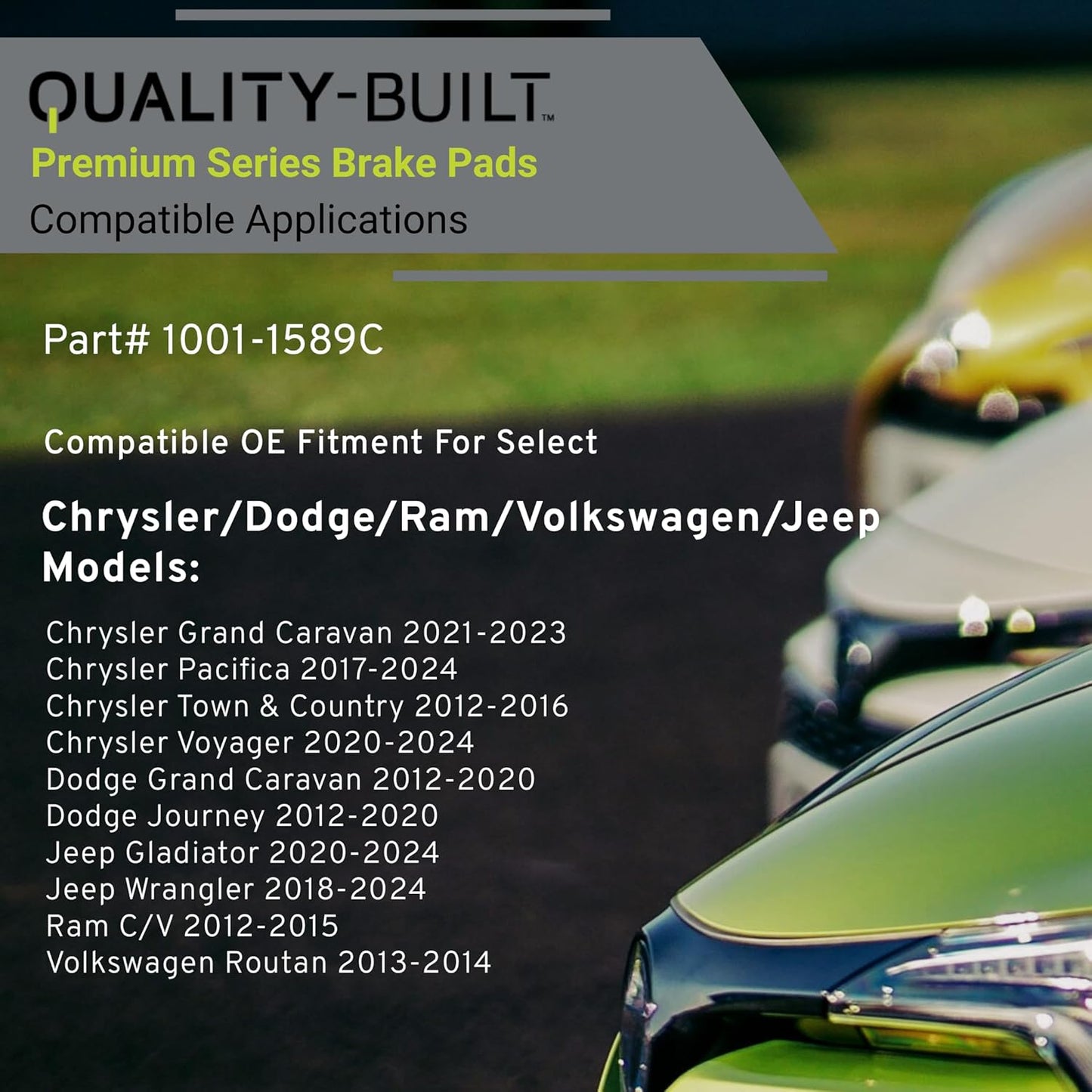 Premium Ceramic Front Brake Pads (1001-1589C) Compatible with 2012-2024 Chrysler/Dodge/Jeep/Ram/Volkswagen (C/V/Gladiator/Grand Caravan/Journey/Pacifica/Routan/Voyager/Wrangler & More)