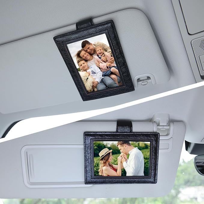 KINIVA 2 Pack Car Picture Holder - Magnetic Faux Leather Picture Frame for Safe Driving - Gift for Dad Mom Husband Wife Car Visor Accessories, Car Accessory (Fits 2.5"x3.5" Photos) (Black)