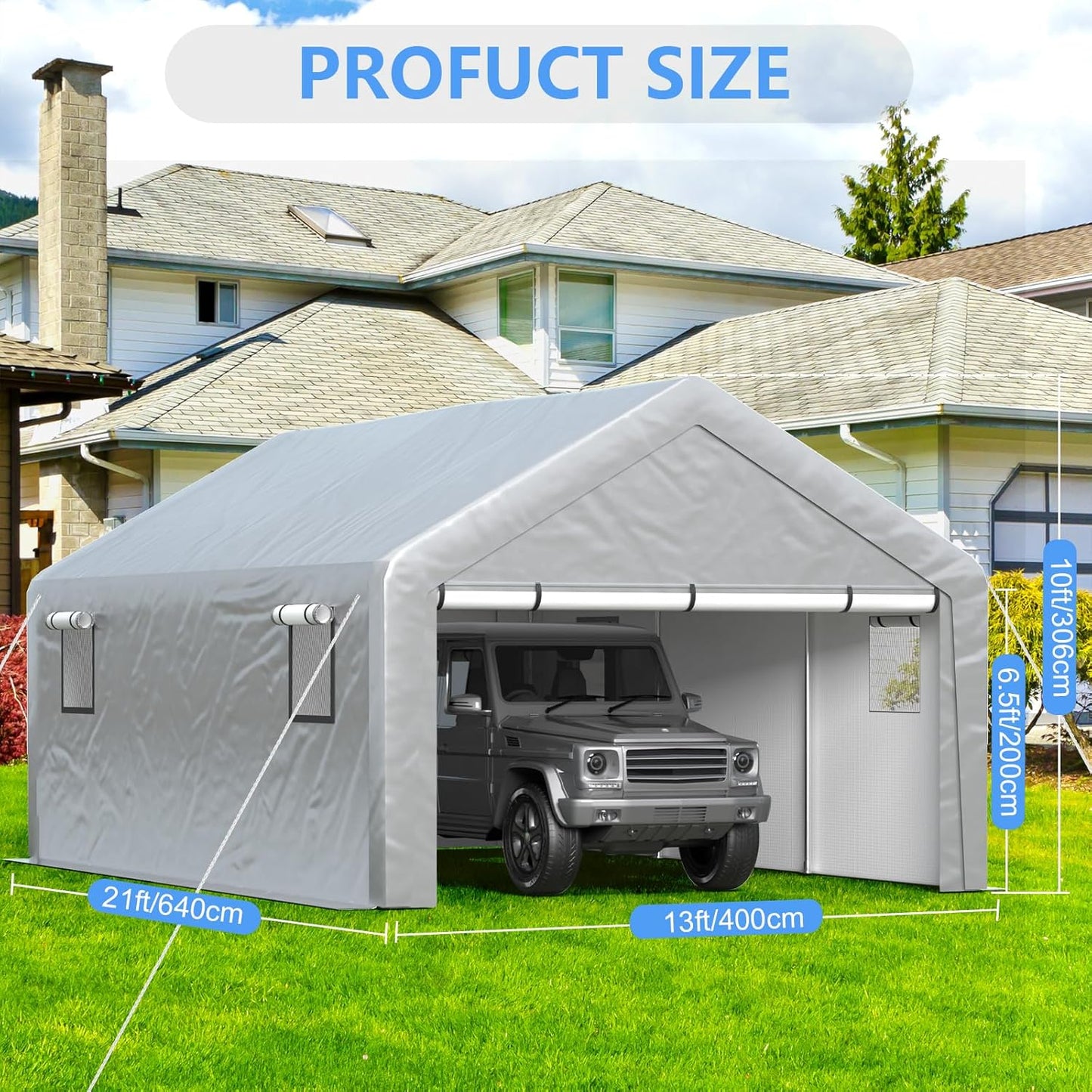 Carport 13x21ft Heavy Duty Large Outdoor Storage Shed with Roll-up Windows, Portable Garage w/Removable Sidewalls & Doors, Car Canopy Tent w/Sandbags & Tarp for Car Boat Truck