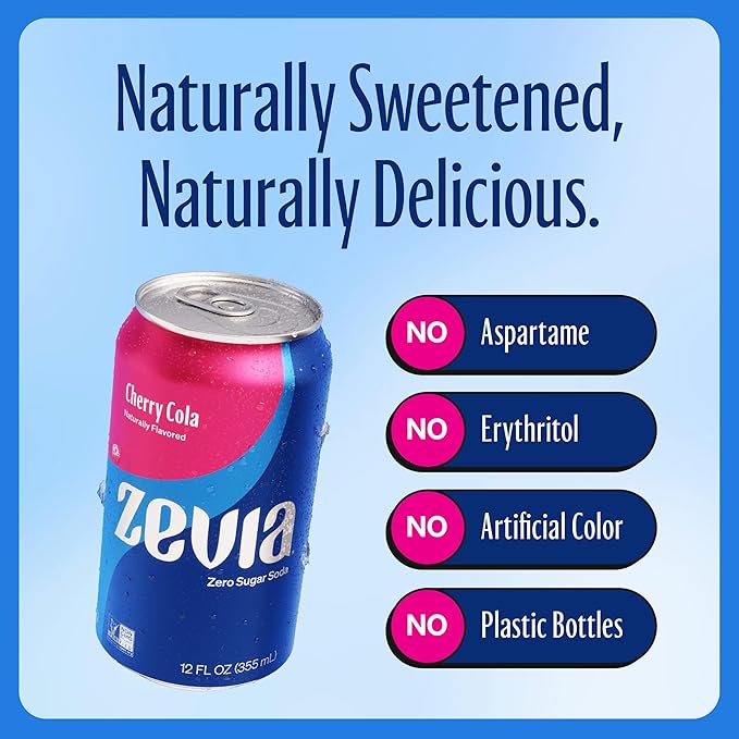 Zevia Zero Sugar Soda, Cherry Cola, 12 oz Cans (24-Pack) – Naturally Sweetened, Non-GMO Project Verified, Gluten-Free, Vegan