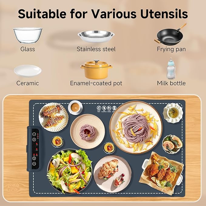 Food Warming Mat- Foldable Warming Mat for Food with Adjustable Temperature Control Time Moders Locking Function Electric Warming Tray for Parties,Home,Travel,Buffet Dark Blue