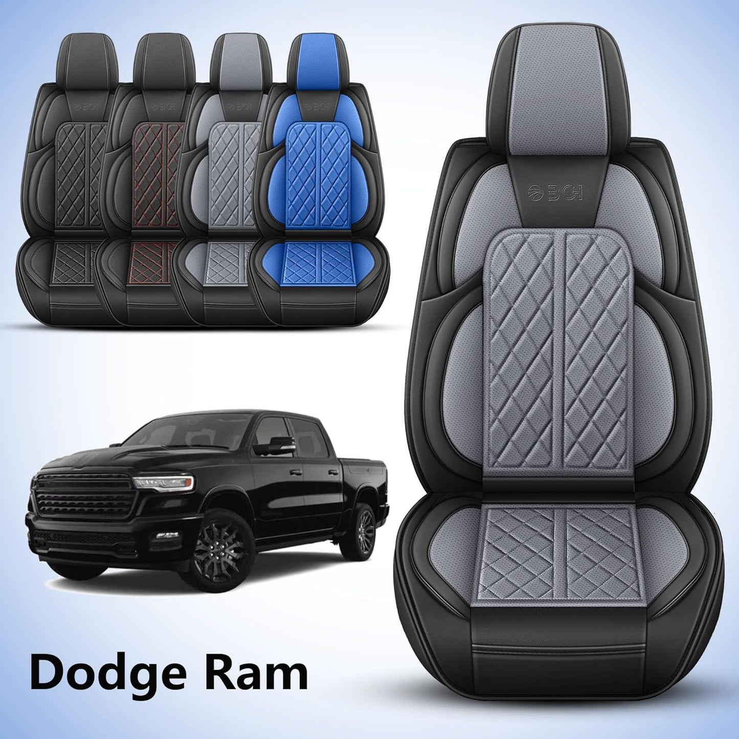 Car Seat Cover Custom Fit for Dodge Ram 1500 2500 3500 2002-2024 Faux Leather Seat Cover Set Compatible with Crew Quad Regular Cab Pickup Truck Cushions (Black & Grey, Full Set, Flat Rear)