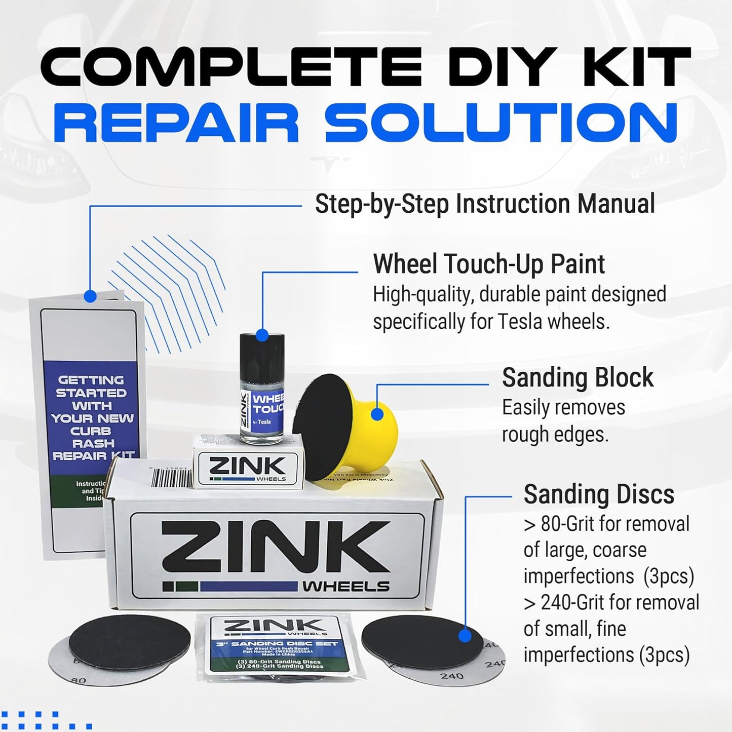 Premium Tesla Wheel Curb Rash Repair Kit for Model X 20-inch Silver Helix Rims - DIY Kit with Color-matched Touch Up Paint - Made in USA