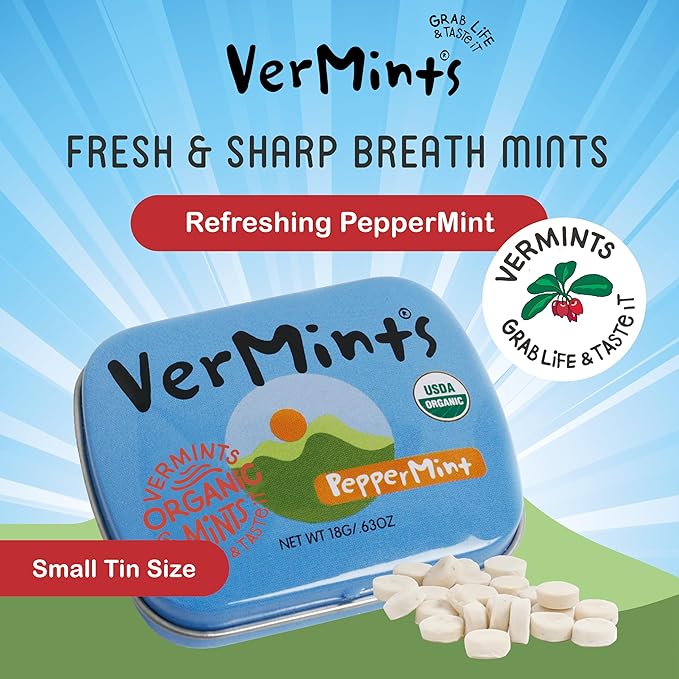 VerMints Organic Breath Mints PepperMint Candy Mints for Real Long-Lasting Flavor, Travel Size Tin - Non-GMO, Nut Free, Gluten Free, Vegan, Kosher Peppermints - .63oz/18g Tins (Pack of 12)