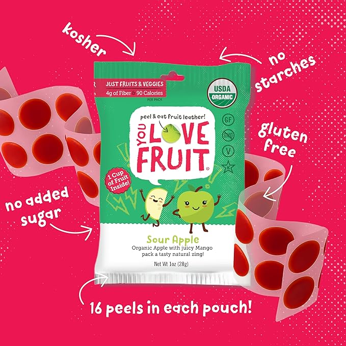 YOU LOVE FRUIT - SOUR APPLE All Natural Fruit Snacks, Healthy Snack Pack, Real Fruit! Gluten Free, Non GMO, Vegan, Fiber packed, Low Fat, Kosher, Variety Pack, Great For Adding To Gift Box, 1.0 oz (Pack of 12)